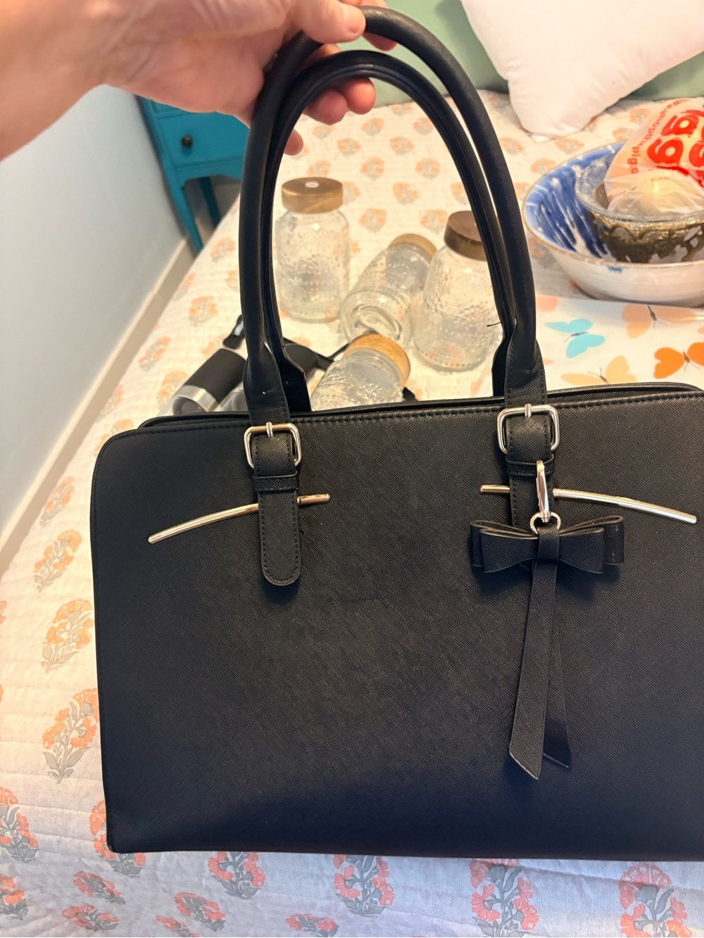 Black Structured Laptop Bag with Bow Accent